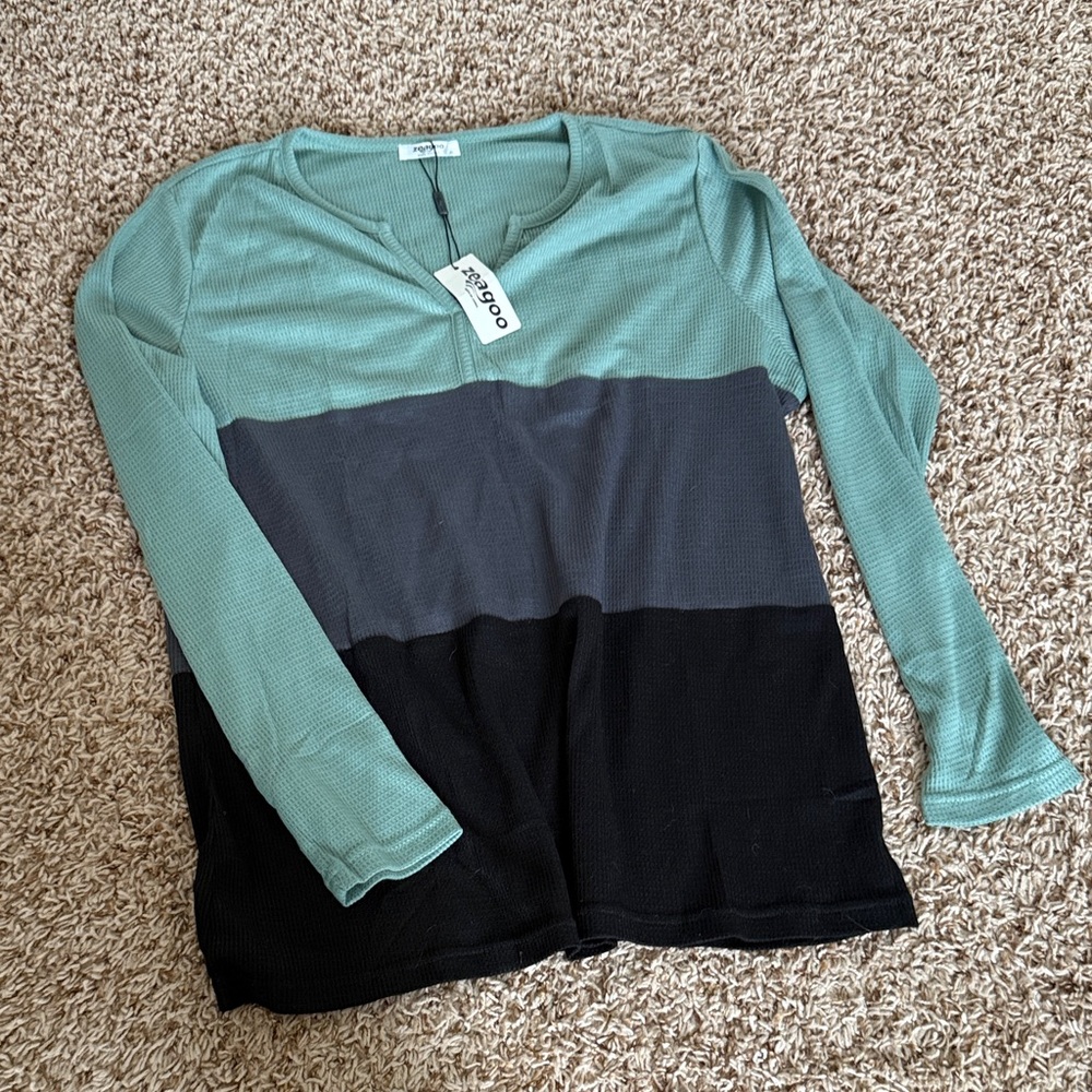 Zeagoo Teal, Gray, and Black Long Sleeve Blouse